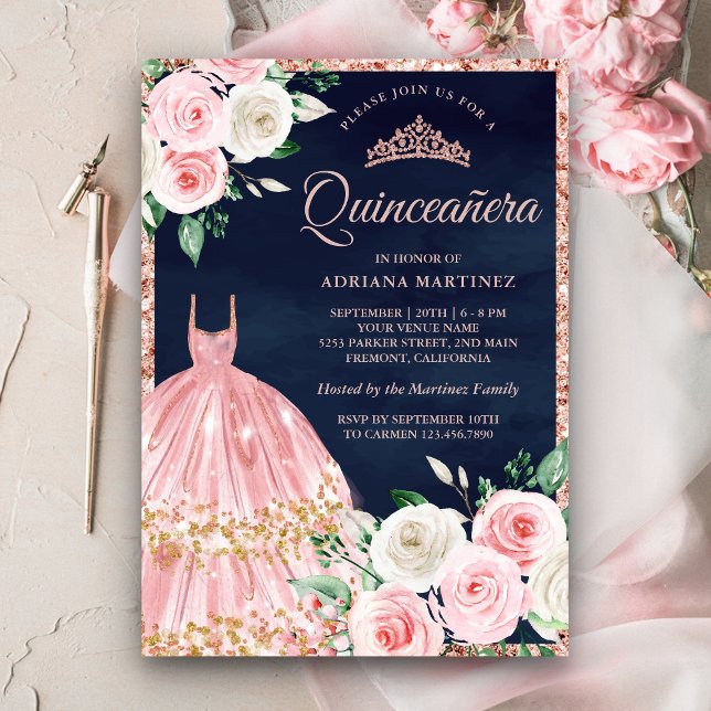 Blush Pink Floral Gown Rose Gold Navy Quinceanera Invitation (Creator Uploaded)