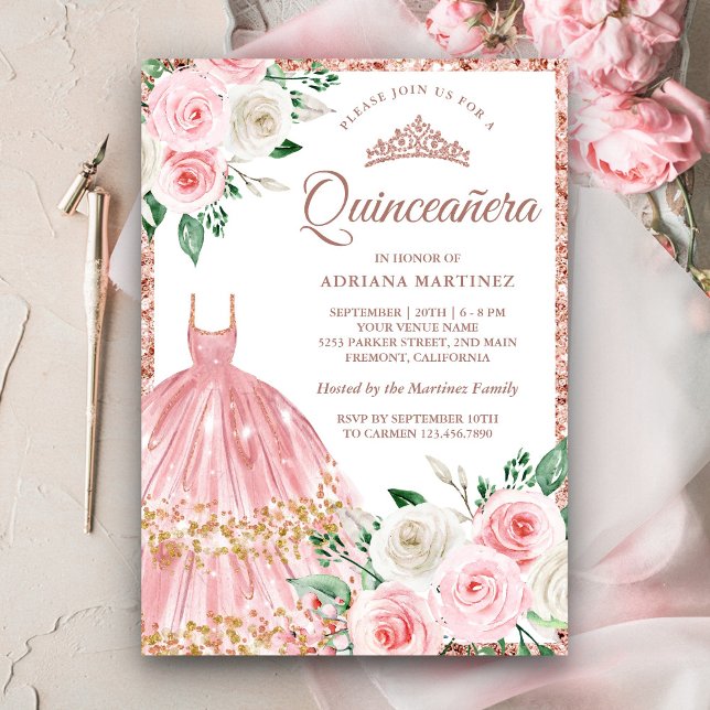 Blush Pink Floral Gown Rose Gold Quinceanera Invitation (Creator Uploaded)