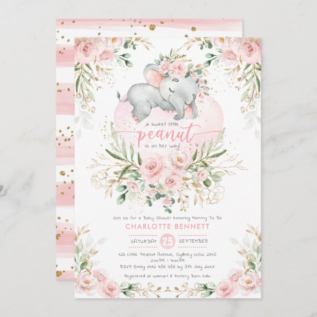 Blush Pink Floral Greenery Elephant Baby Shower Invitation (Front/Back)