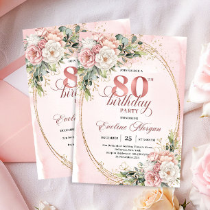 Blush Pink Floral Greenery Gold Glitter 80th Bday Invitation