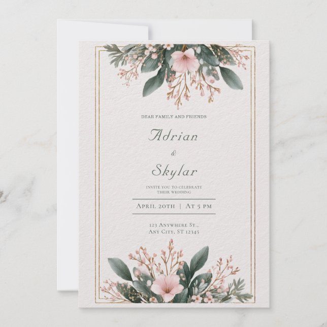 Blush Pink Floral & Greenery Minimalist Wedding Invitation (Front)