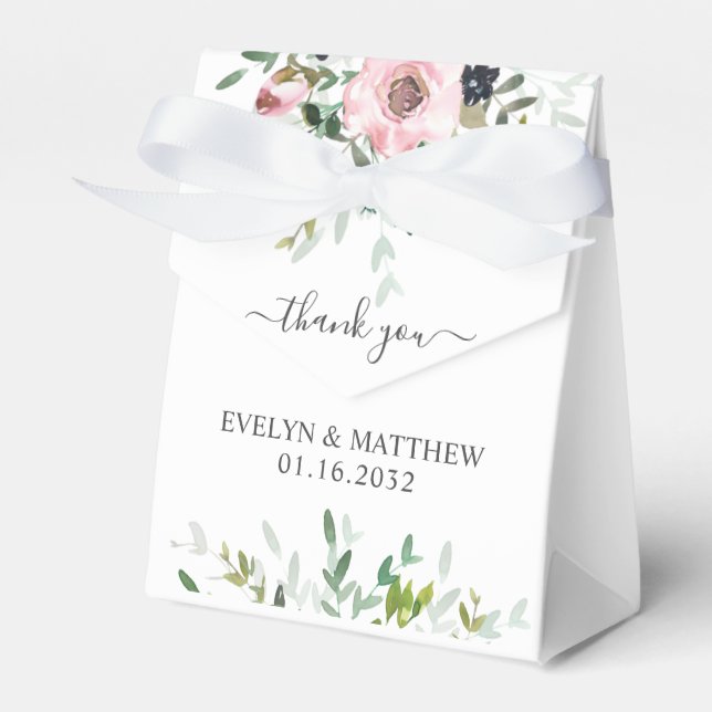 Blush Pink Floral Greenery on White Wedding Shower Favour Box (Front Side)