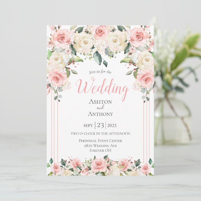 Blush Pink Floral Greenery Typography  Invitation (Standing Front)