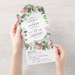 Blush Pink Floral & Greenery Wedding All In One Invitation