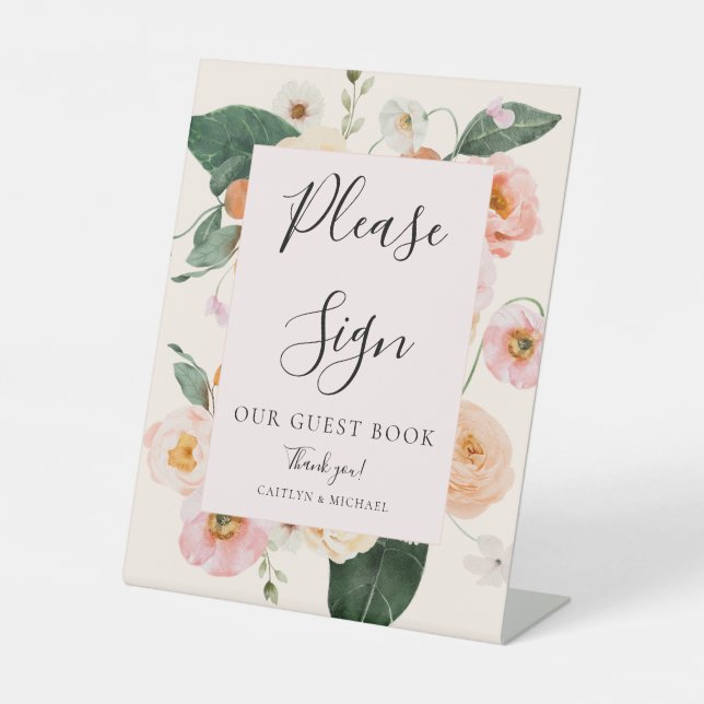 Blush Pink Floral Guest Book Wedding Pedestal Sign (Front)