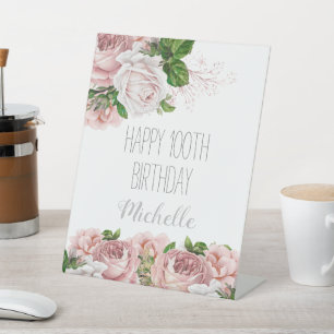 Blush Pink Floral  Happy 100th Birthday Pedestal Sign