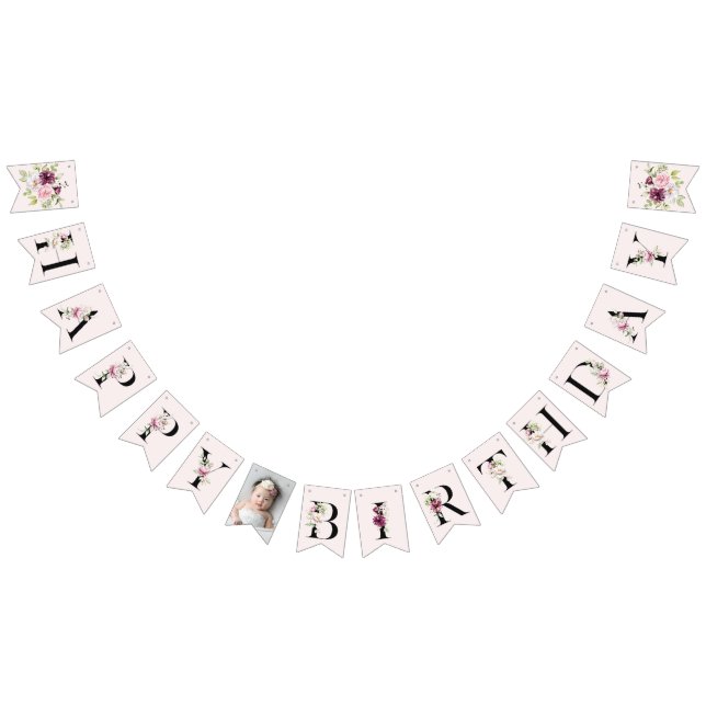 Blush Pink Floral Happy Birthday Floral Baby Photo Bunting (All)