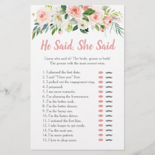 Blush Pink Floral He Said She Said Bridal Game