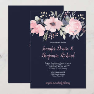 Blush Pink Floral Header on Navy Wedding Invitation