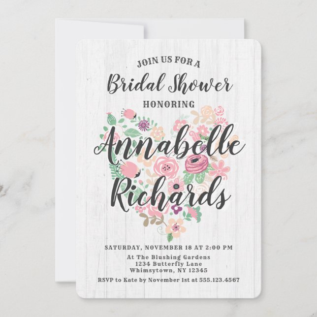 Blush Pink Floral Heart Bridal Shower Invitation (Front)