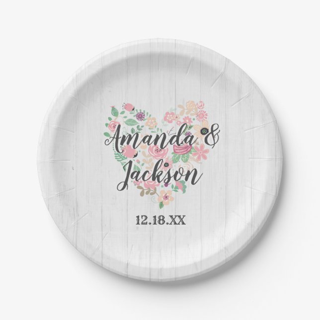 Blush Pink Floral Heart Modern Wedding Monogram Paper Plate (Front)