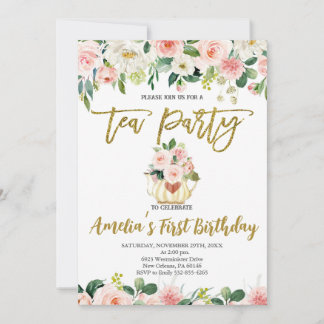 Blush Pink Floral, High Tea First Birthday Invitation