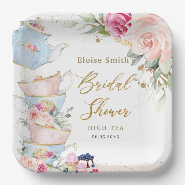 Blush Pink Floral High Tea Party Bridal Shower  Paper Plate (Front)