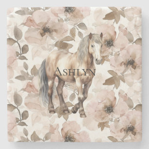 Blush Pink Floral Horse Stone Coaster