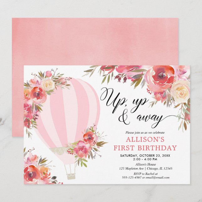 Blush pink floral hot air balloon girl birthday invitation (Front/Back)