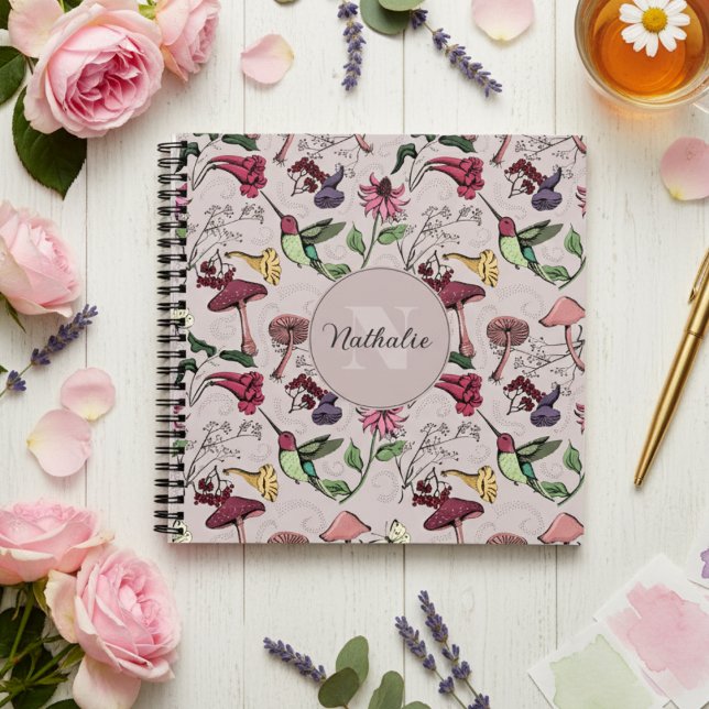 Blush Pink Floral Hummingbird Pattern Notebook (Girly Blush Pink Hummingbird Garden Floral Pattern Notebook Initial & Name in Script, Hand Drawn)