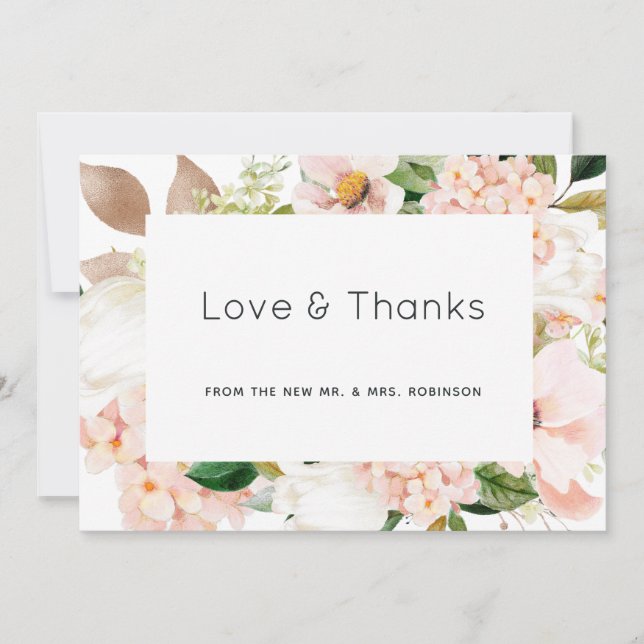 Blush Pink Floral Hydrangea Wedding Photo Thank You Card (Front)