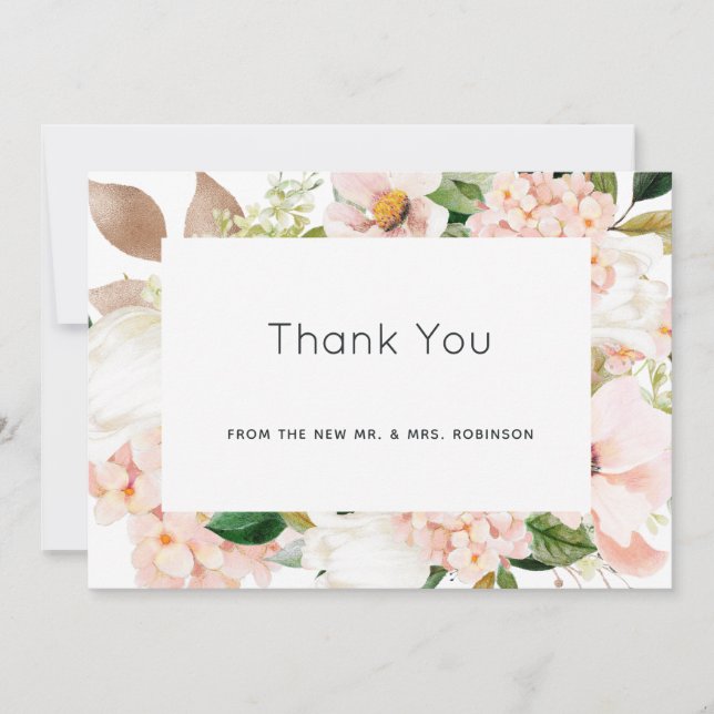 Blush Pink Floral Hydrangea Wedding Thank You Card (Front)