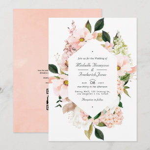 Blush Pink Floral Hydrangeas QR Code RSVP Wedding Invitation