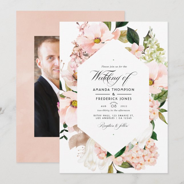 Blush Pink Floral Hydrangeas Wedding Photo Invitation (Front/Back)