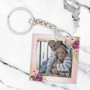 Blush Pink Floral I Love My Nana Photo Key Ring