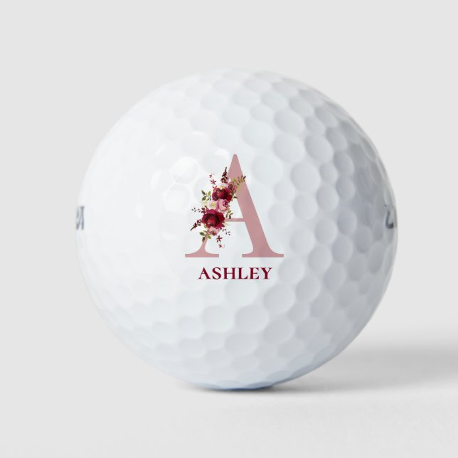 Blush Pink Floral Initial A Monogram Golf Balls (Front)