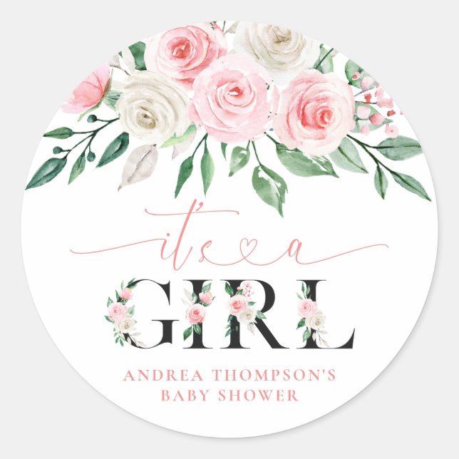 Blush Pink Floral It's A Girl Baby Shower Classic Round Sticker (Front)
