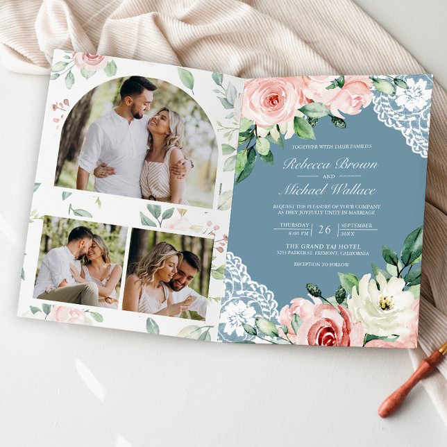 Blush Pink Floral Lace Dusty Blue QR Code Wedding  Invitation (Creator Uploaded)