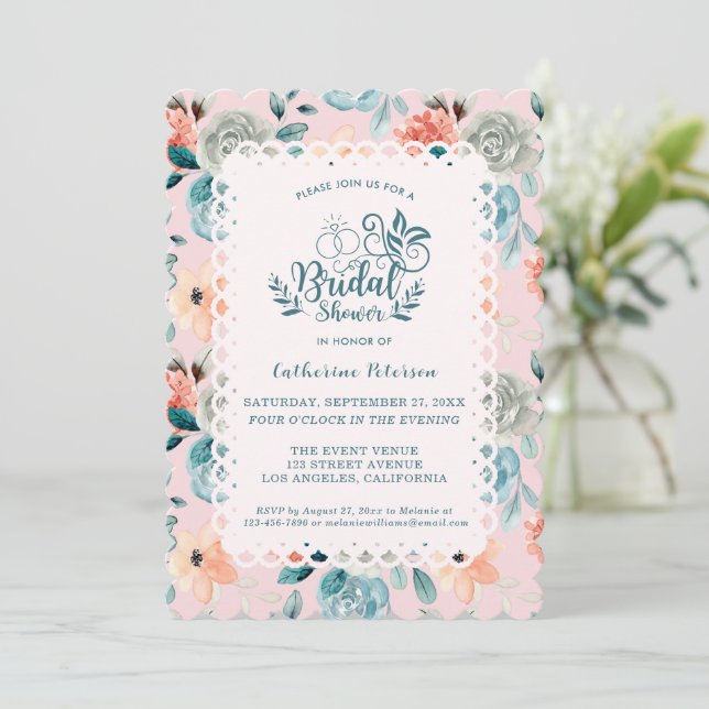 Blush Pink Floral Lace Elegant Wedding Calligraphy Invitation (Standing Front)