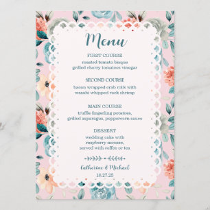 Blush Pink Floral Lace Elegant Wedding Calligraphy Menu