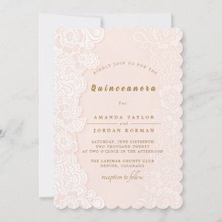 Blush Pink Floral Lace Quinceanera Invitation