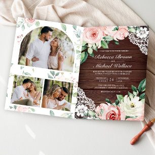 Blush Pink Floral Lace Rustic Wood QR Code Wedding Invitation