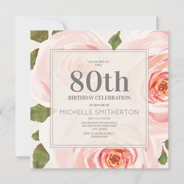Blush Pink Floral Leaves 80th Birthday Women Invitation (Front)