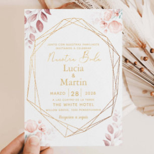 Blush Pink Floral Leaves Gold Spanish Nuestra Boda Invitation