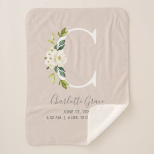 Blush Pink Floral Letter C Baby Script Birth Stats Sherpa Blanket
