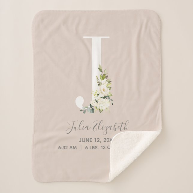 Blush Pink Floral Letter J Baby Script Birth Stats Sherpa Blanket (Front)