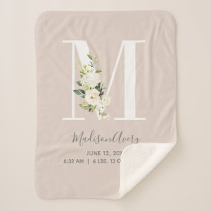 Blush Pink Floral Letter M Baby Script Birth Stats Sherpa Blanket