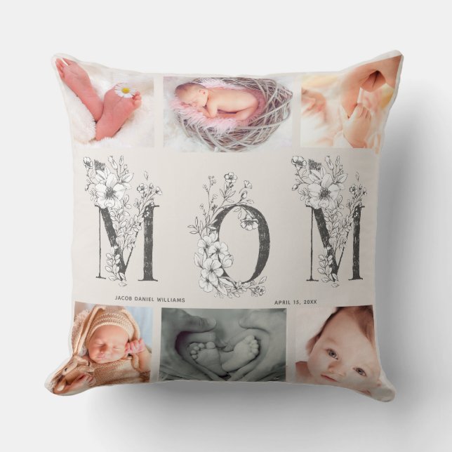 Blush Pink Floral Letter Mum 6 Photo Mother's Day Cushion (Front)