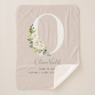 Blush Pink Floral Letter O Baby Script Birth Stats Sherpa Blanket