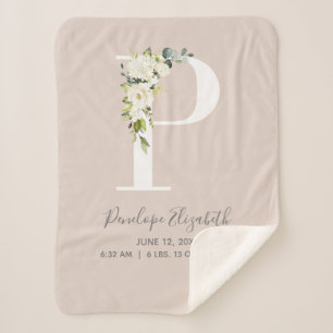 Blush Pink Floral Letter P Baby Script Birth Stats Sherpa Blanket