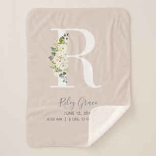 Blush Pink Floral Letter R Baby Script Birth Stats Sherpa Blanket