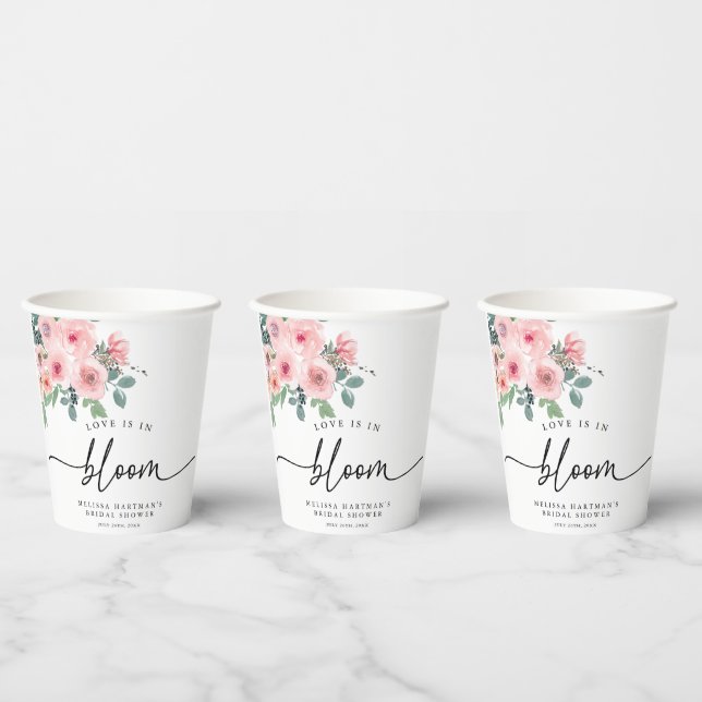 Blush Pink Floral Love Is In Bloom Bridal Shower Paper Cups (Multi)