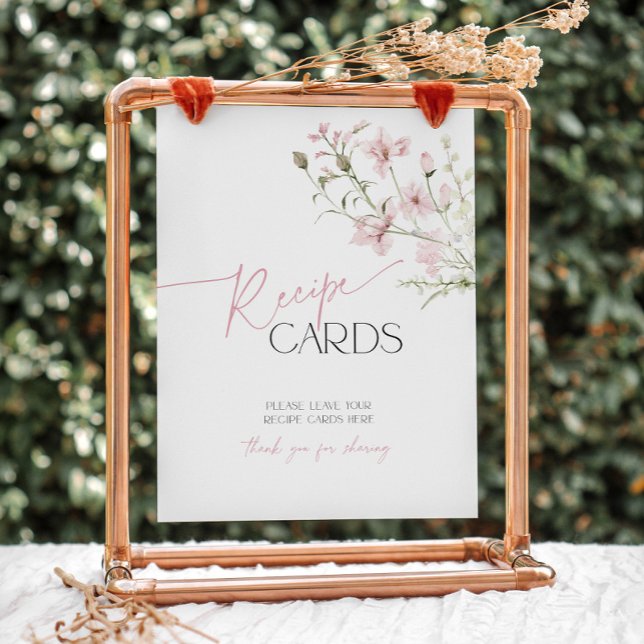 Blush Pink Floral Love is in Bloom Recipe Cards Pedestal Sign (Blush pink floral recipe cards sign with wildflowers for a love is in bloom bridal shower)