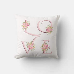 Blush pink floral Love typography Valentines Day Cushion