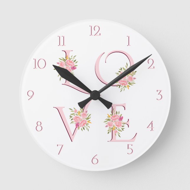 Blush pink floral Love typography Valentines Day Round Clock (Front)