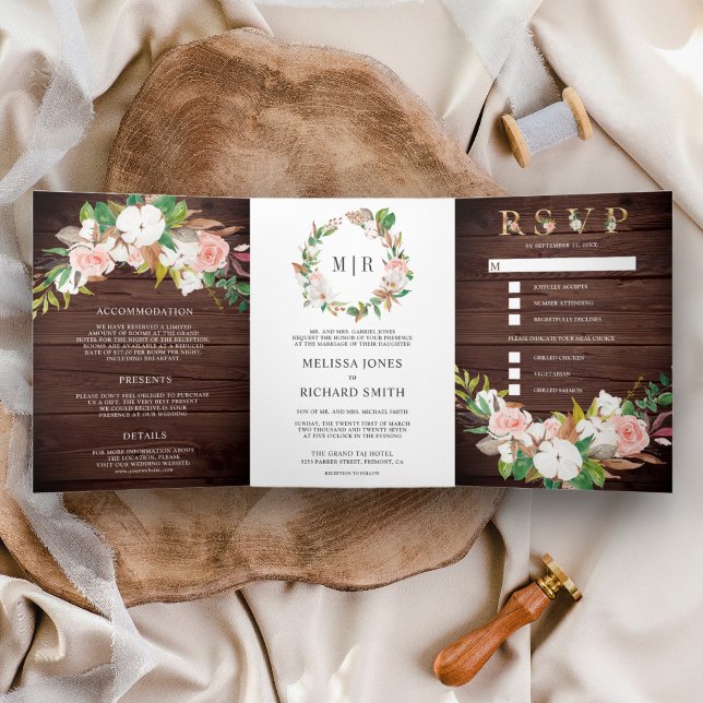 Blush Pink Floral Magnolia Cotton Wood Wedding Tri-Fold Invitation (Creator Uploaded)