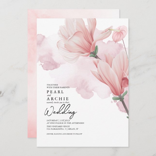Blush Pink Floral Magnolia Watercolor Wedding Invitation (Front/Back)