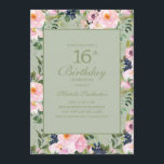 Blush Pink Floral Mint Green 16th Birthday Invitation<br><div class="desc">Beautiful and elegant blush pink and navy blue watercolor floral on mint green 16th birthday party invitation for teen girls Contact us for help with customisation or matching products</div>