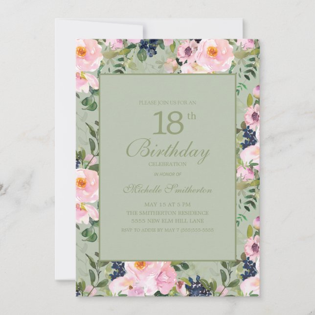 Blush Pink Floral Mint Green 18th Birthday Invitation (Front)