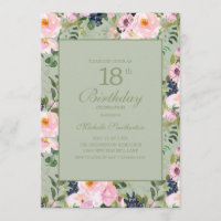 Blush Pink Floral Mint Green 18th Birthday